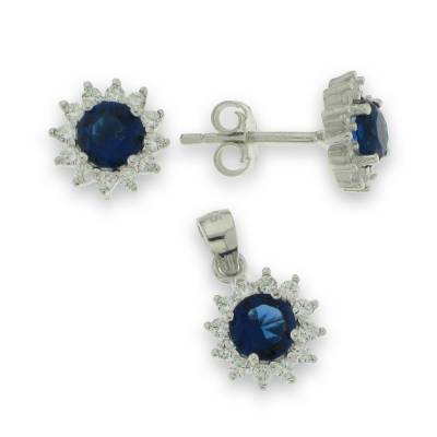 Sterling Silver Blue And Cubic Zirconia Pendant And Earrings