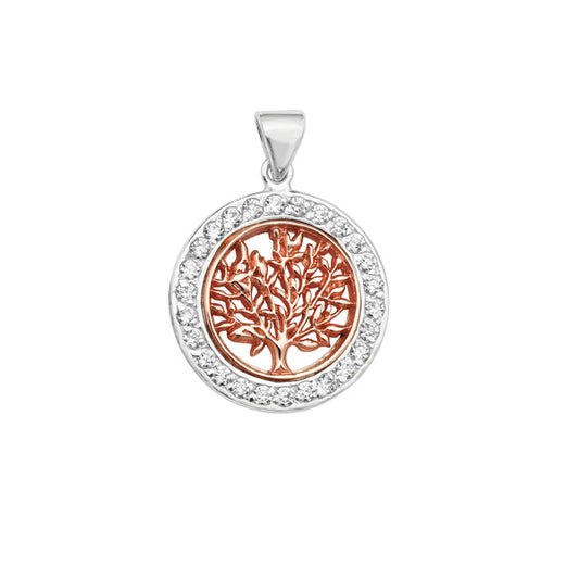 Sterling Silver Rose Tree Of Life Cubic Zirconia Rim Pendant