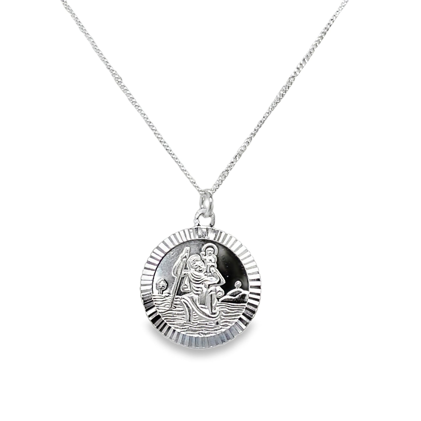 Sterling Silver St. Christopher Diamond Cut Medal And Chain