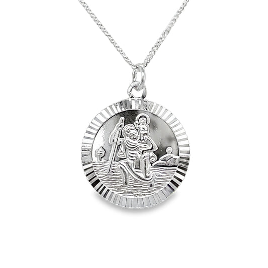 Sterling Silver St. Christopher Diamond Cut Medal And Chain