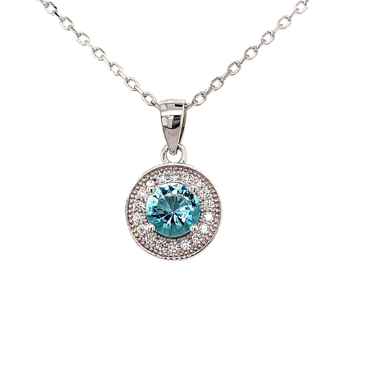 Sterling Silver Cubic Zirconia Round Pendant With Blue Stone