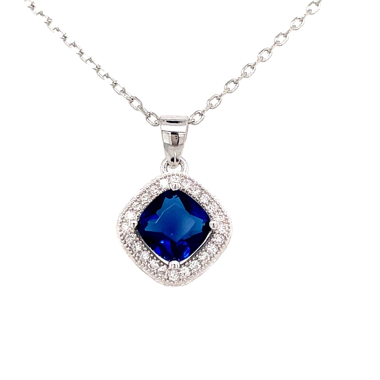 Sterling Silver Diamond Cluster Blue Cubic Zirconia Pendant