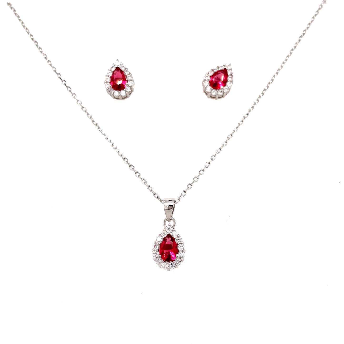 Sterling Silver Cubic Zirconia Red Pendant And Earring Set