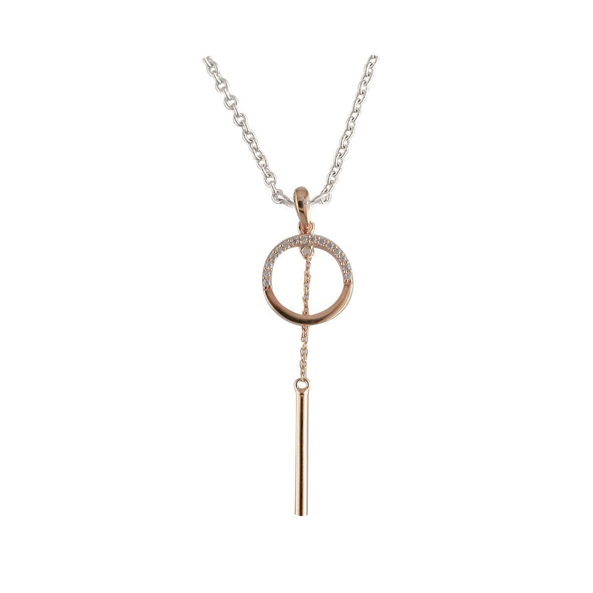 Sterling Silver Cubic Zirconia Circle Drop Bar Pendant In Rose