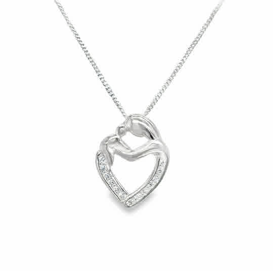 Sterling Silver Cubic Zirconia Mother And Baby Heart Pendant