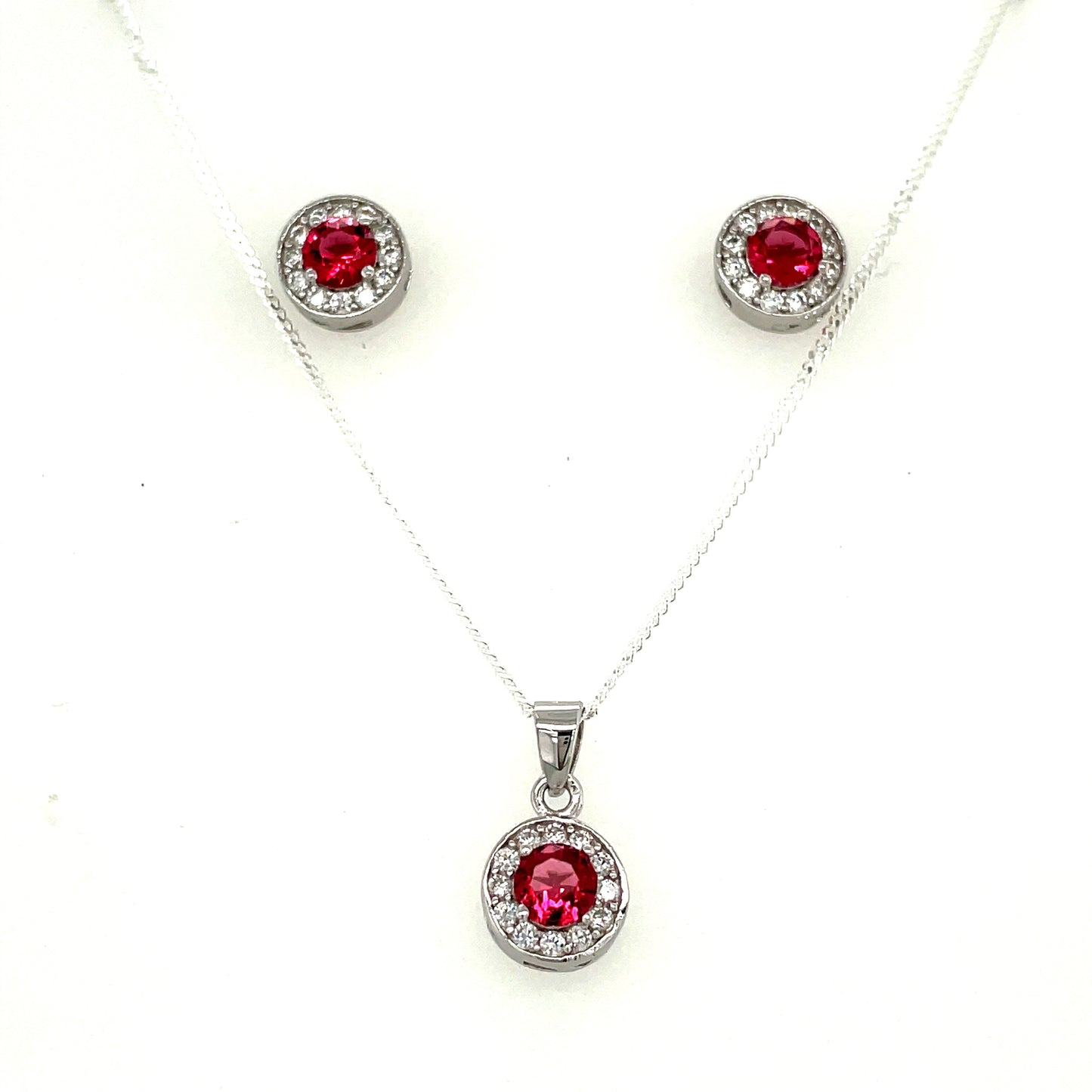 Sterling Silver Red/Cubic Zirconia Round Cluster Pendant Set