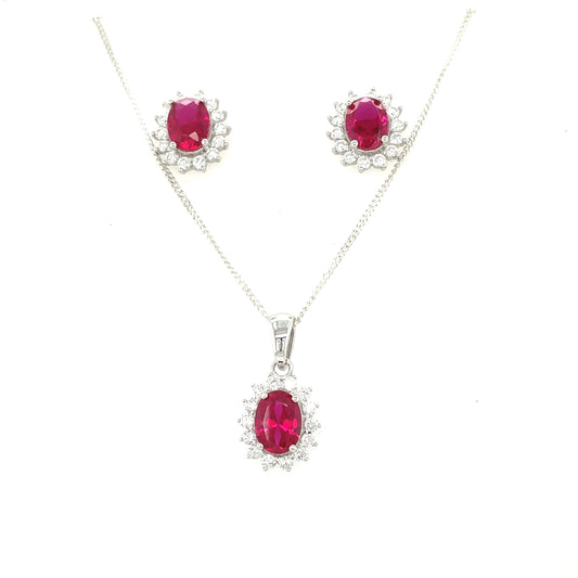Sterling Silver Cubic Zirconia/Red Oval Cluster Pendant Set