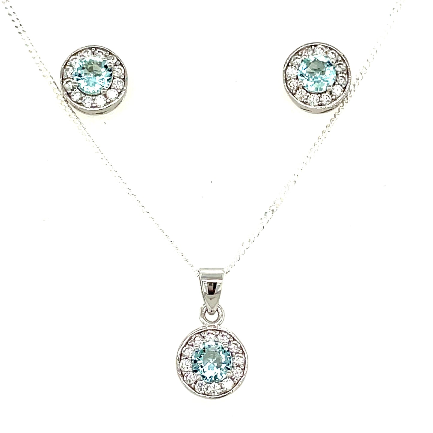 Sterling Silver Cubic Zirconia/Blue Round Cluster Pendant Set