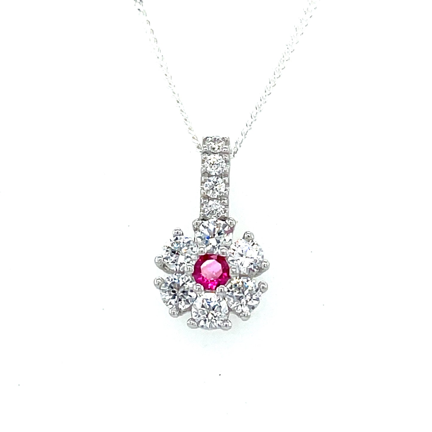 Sterling Silver Cubic Zirconia/Red Centre Round Cluster Pendant