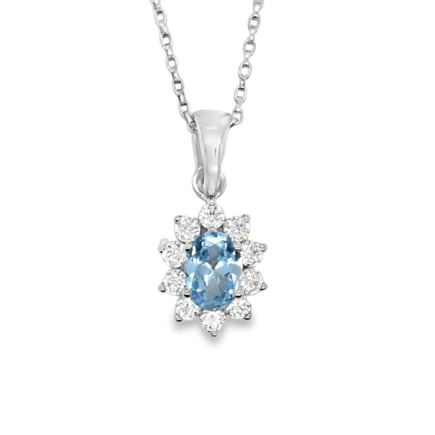 Sterling Silver Cubic Zirconia/Aqua Oval Cluster Pendant