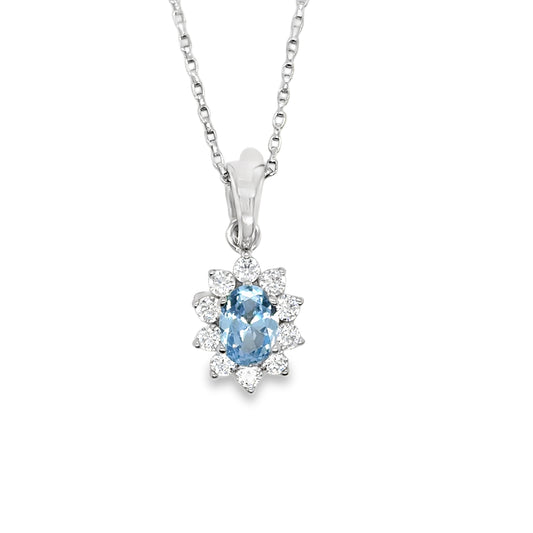 Sterling Silver Cubic Zirconia/Aqua Oval Cluster Pendant