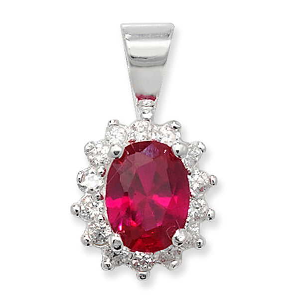 Sterling Silver Red And Cubic Zirconia Oval Cluster Pendant