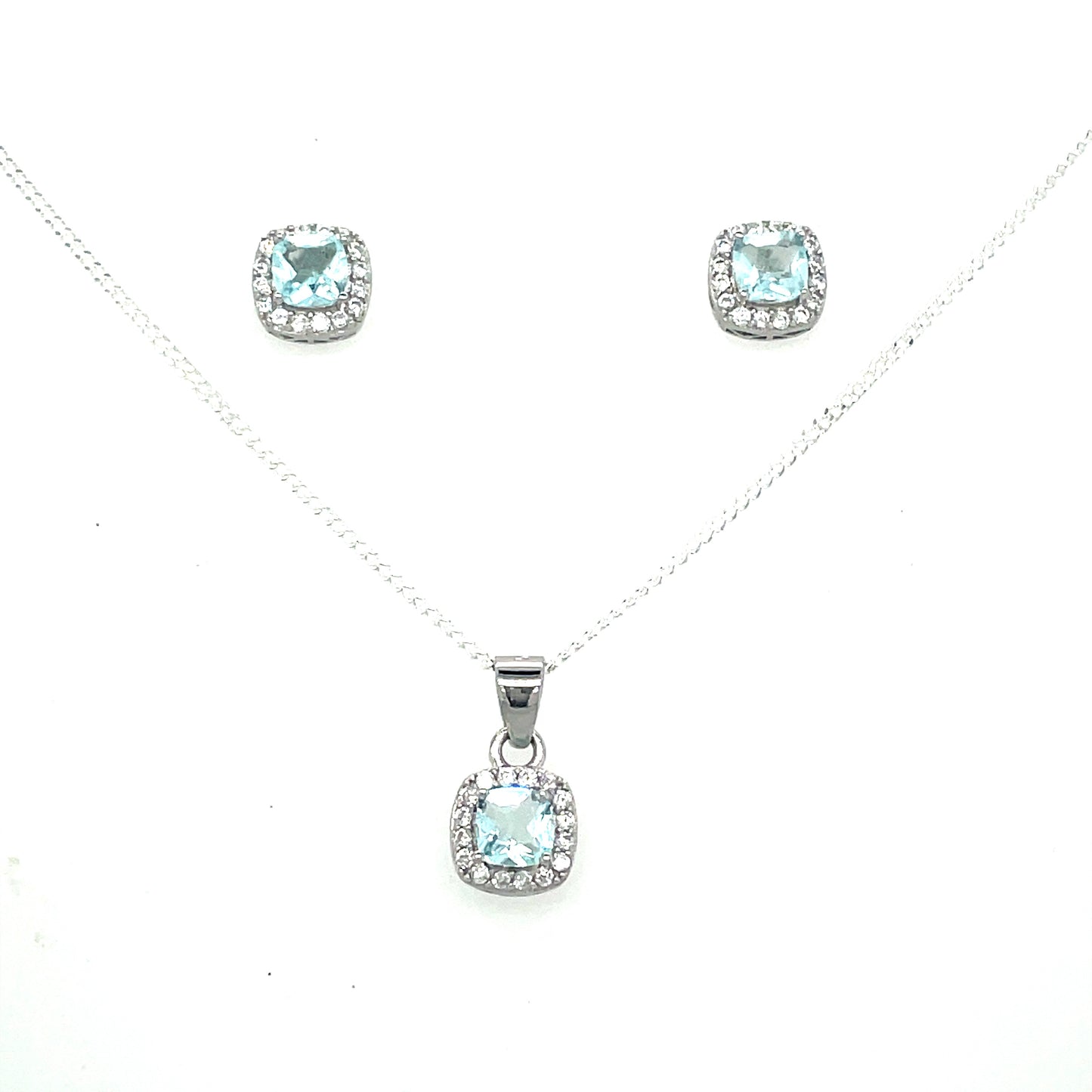 Sterling Silver Aqua And Cubic Zirconia Square Pendant Set