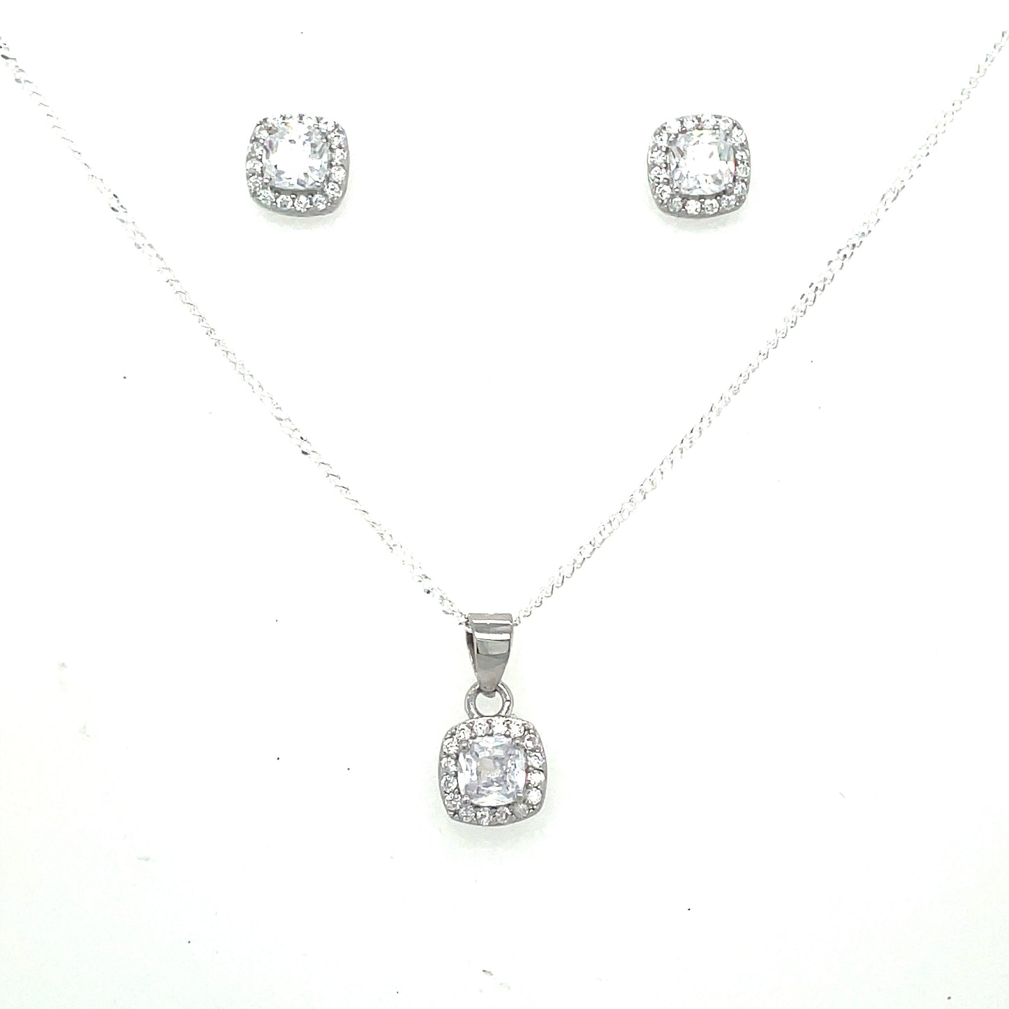 Sterling Silver Cubic Zirconia Square Cluster Pendant Set