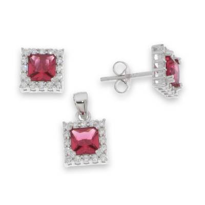 Sterling Silver Red And Cubic Zirconia Earring And Pendant Set