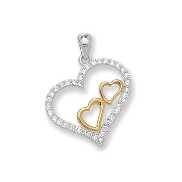 Sterling Silver 2 Colour Plain And Cubic Zirconia Heart Pendant