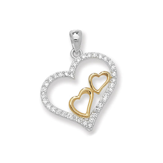 Sterling Silver 2 Colour Plain And Cubic Zirconia Heart Pendant