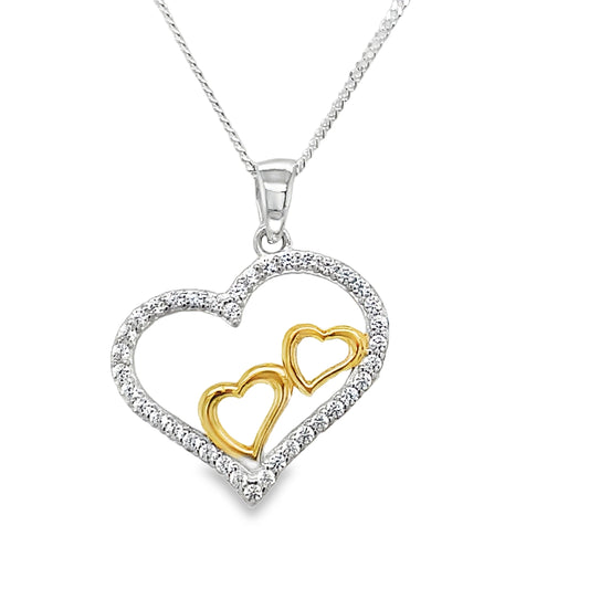 Sterling Silver 2 Colour Plain And Cubic Zirconia Heart Pendant