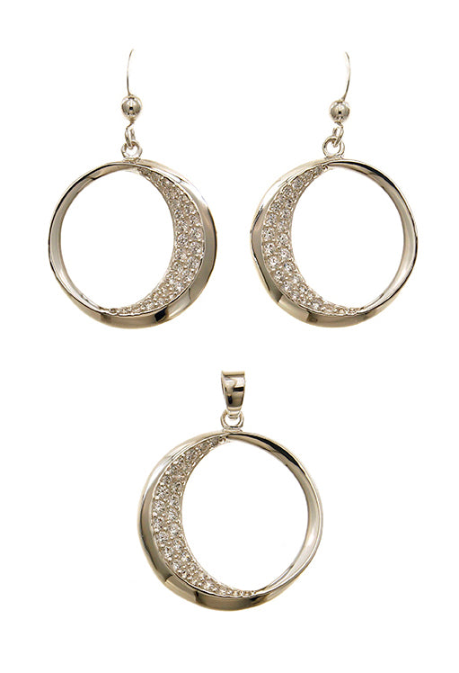 Sterling Silver Half Cz Open Circle Pendant And Earring Set