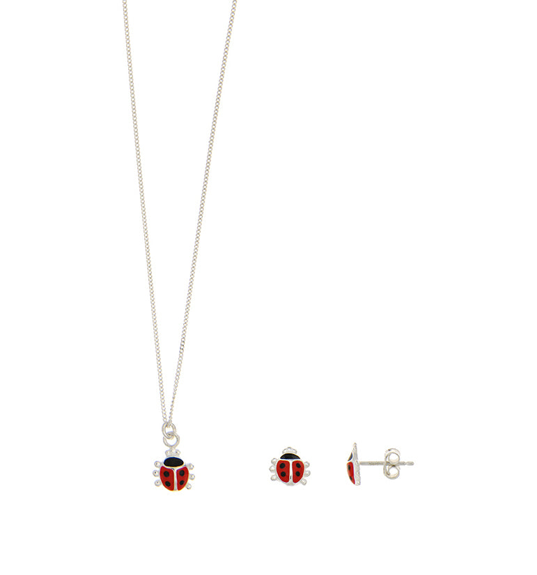 Sterling Silver Lady Bug Pendant And Earring Set