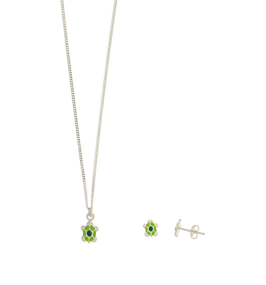 Sterling Silver Green Turtle Pendant And Earring Set