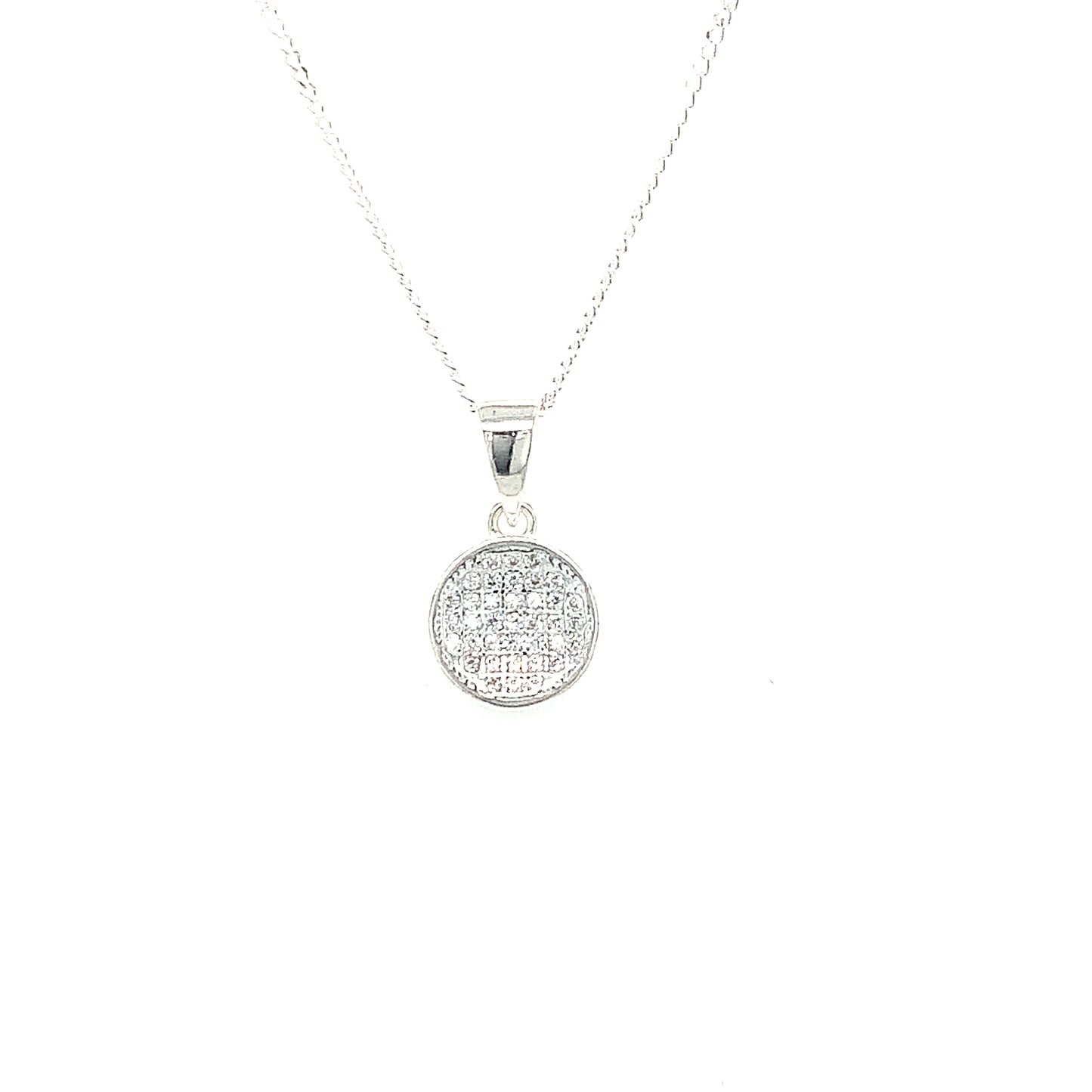 Sterling Silver Cubic Zirconia Pave Set Round Pendant