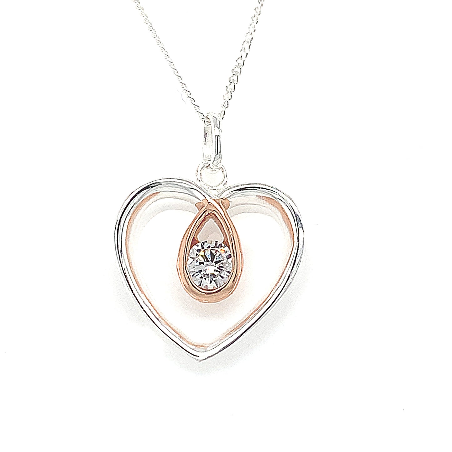 Sterling Silver Rose Plated Cubic Zirconia Heart Pendant