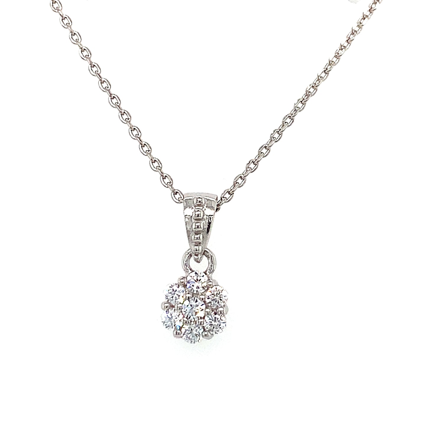 Sterling Silver Cubic Zirconia Round Flower Pendant