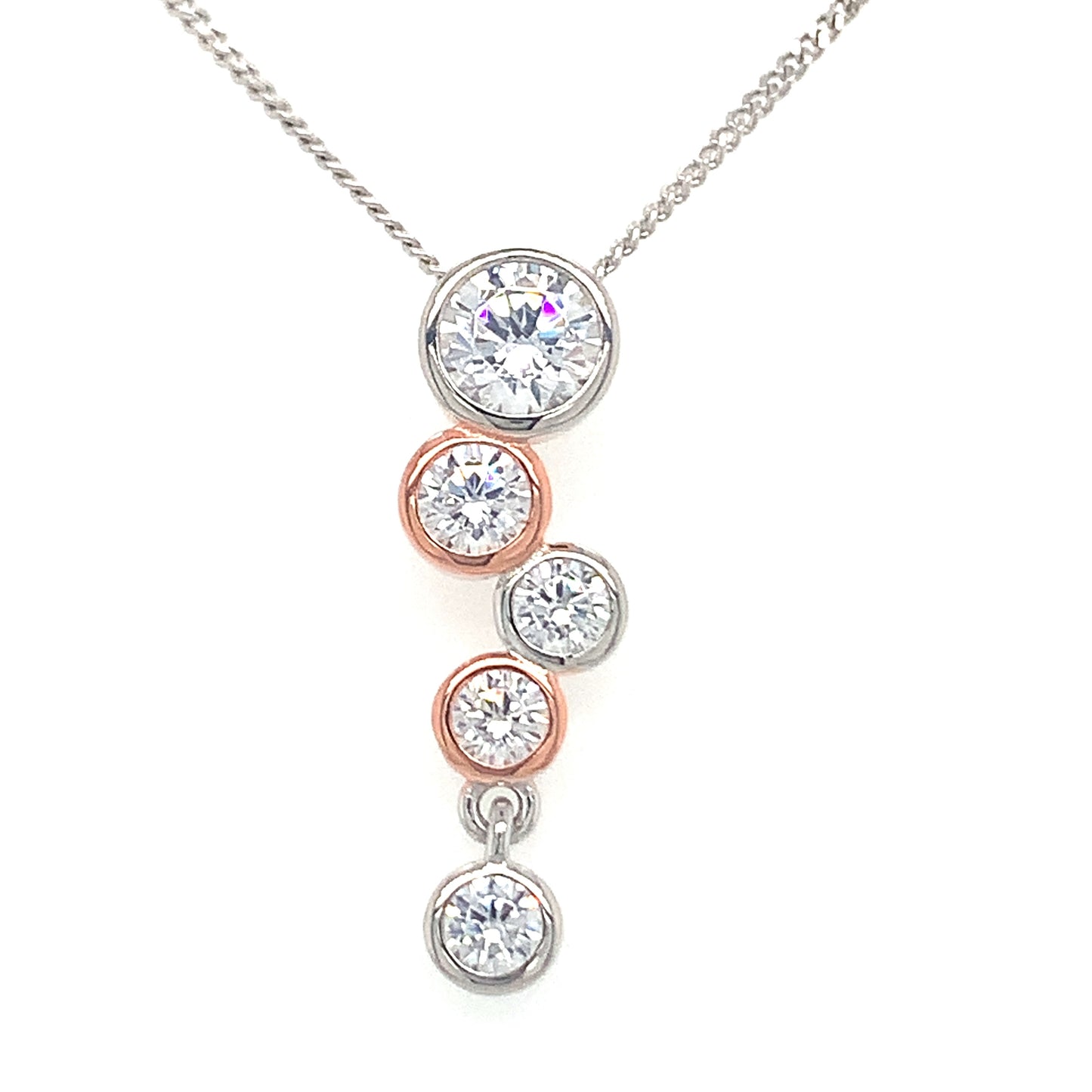 Sterling Silver And Rose Rub Over Cubic Zirconia Drop Pendant.