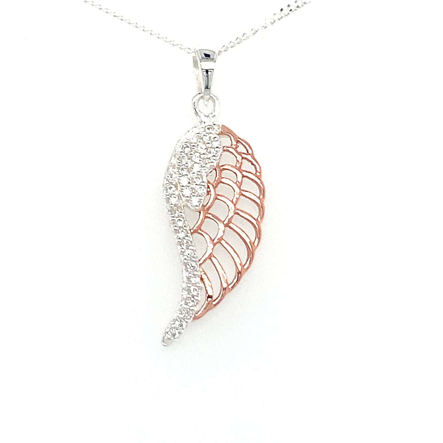 Sterling Silver And Rose Cubic Zirconia Wing Pendant.