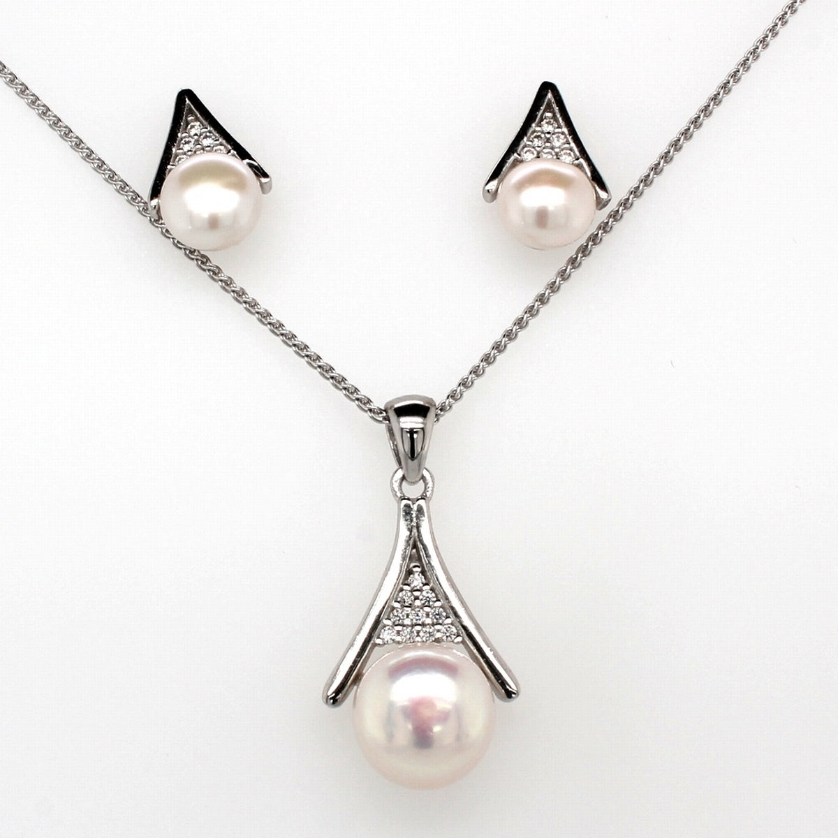 Sterling Silver Pearl And Cubic Zirconia Pendant Earring Set