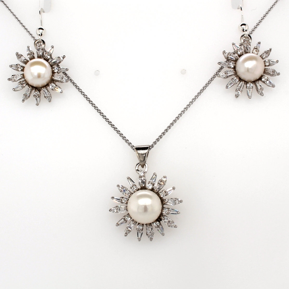 Sterling Silver Pearl And Cubic Zirconia Sun Burst Set