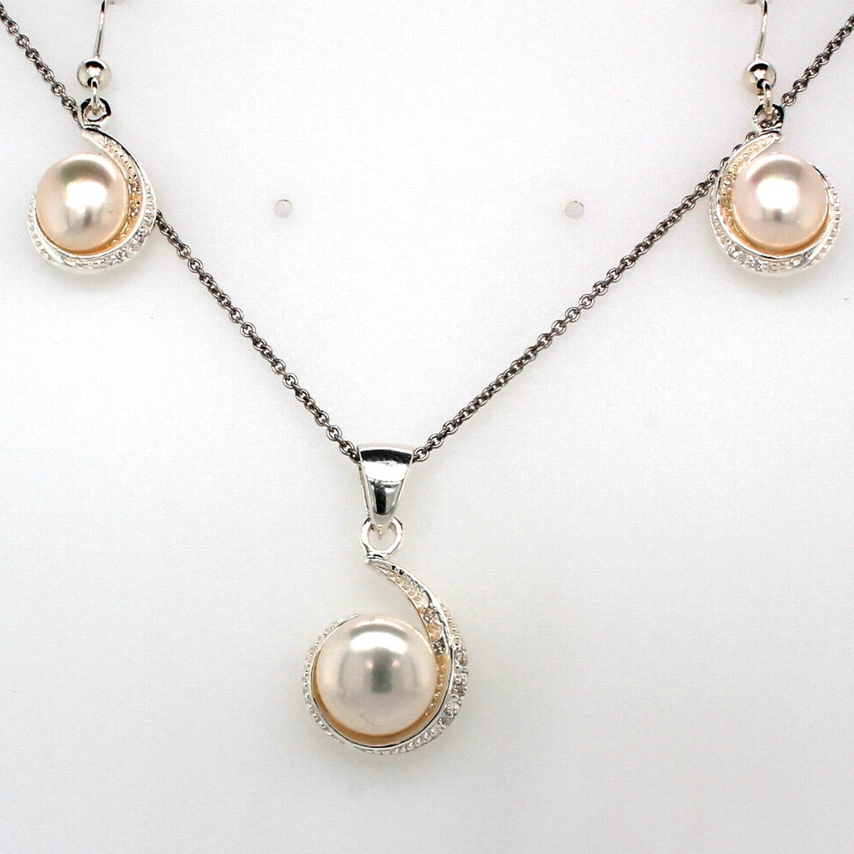 Sterling Silver Pearl And Cubic Zirconia Millgrain Swirl Set
