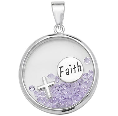 Sterling Silver Faith With Purple Cubic Zirconia Locket