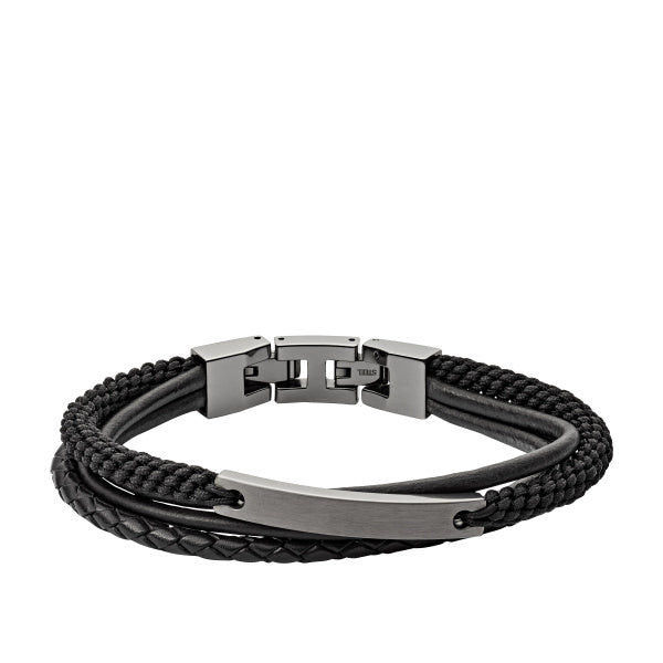 Gents Stainless Steel Black Leather Multi Strand Fossil Bracelet