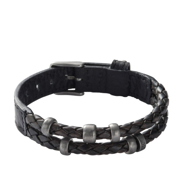 Gents Black Leather Beaded Fossil Bracelet