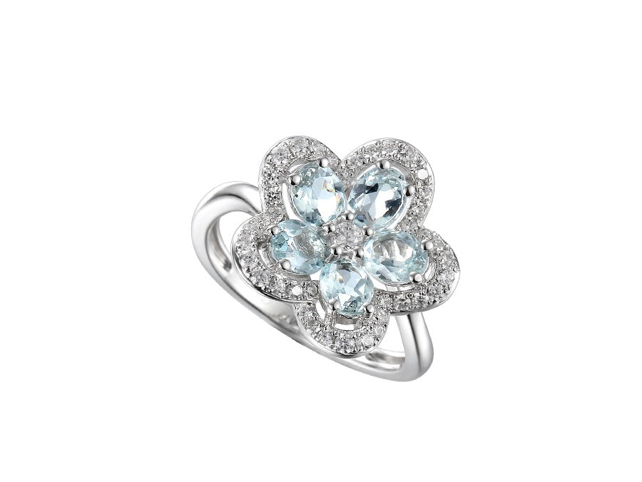 Sterling Silver Camellia Aqua And Cubic Zirconia Ring