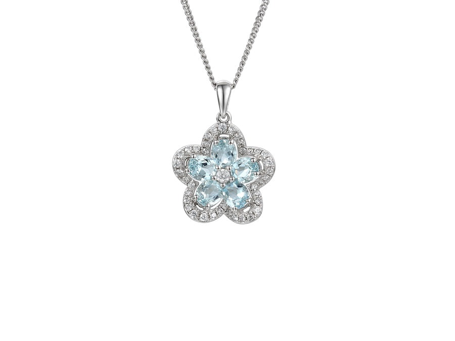 Sterling Silver Camellia Aqua And Cubic Zirconia Pendant