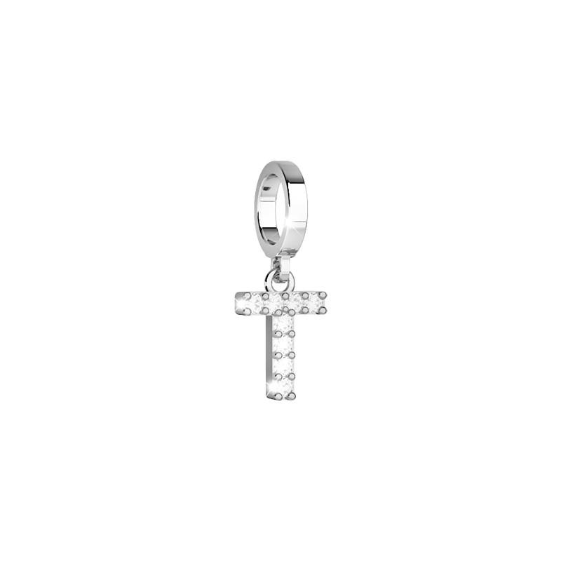 My World Initial T Stone Set Charm In Silver