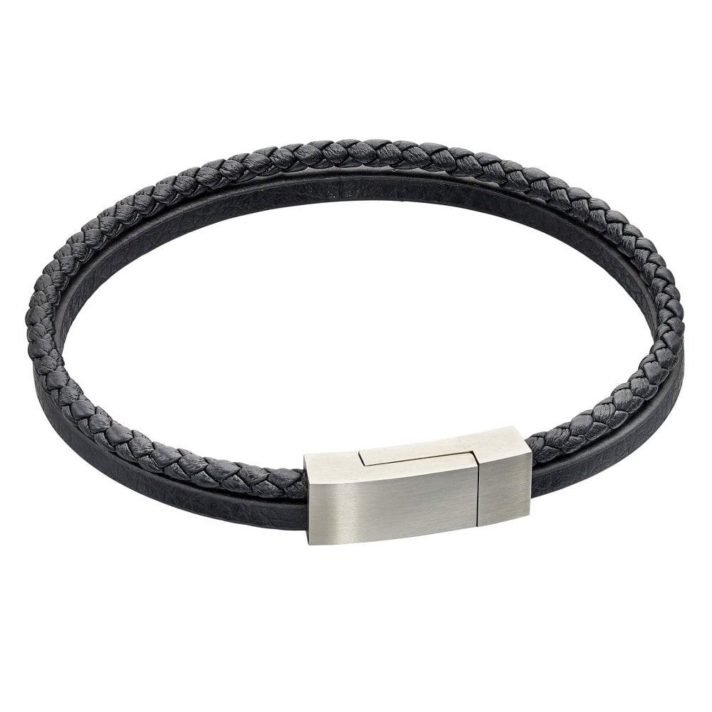 Fred Bennett Stainless Steel Two Row Black Braided Bracelet