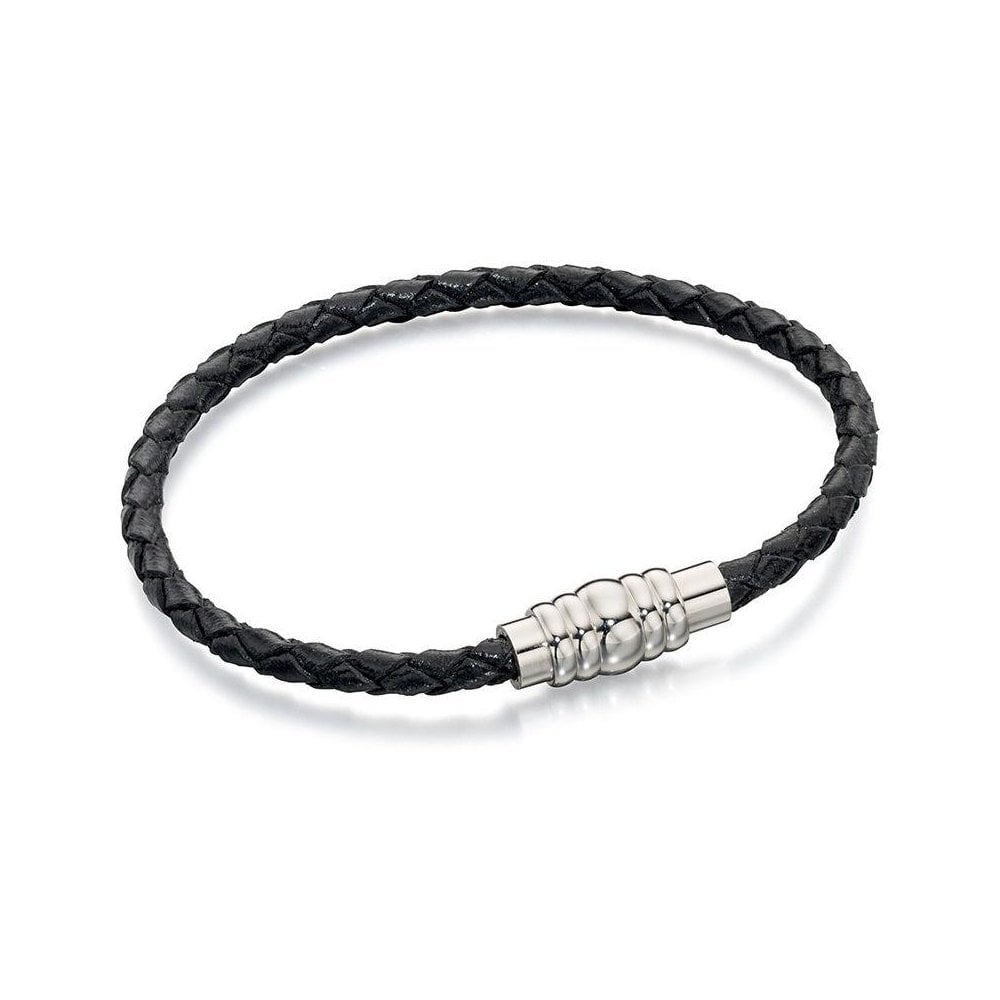 Fred Bennett Black Leather Woven With Stainless Steel Clasp
