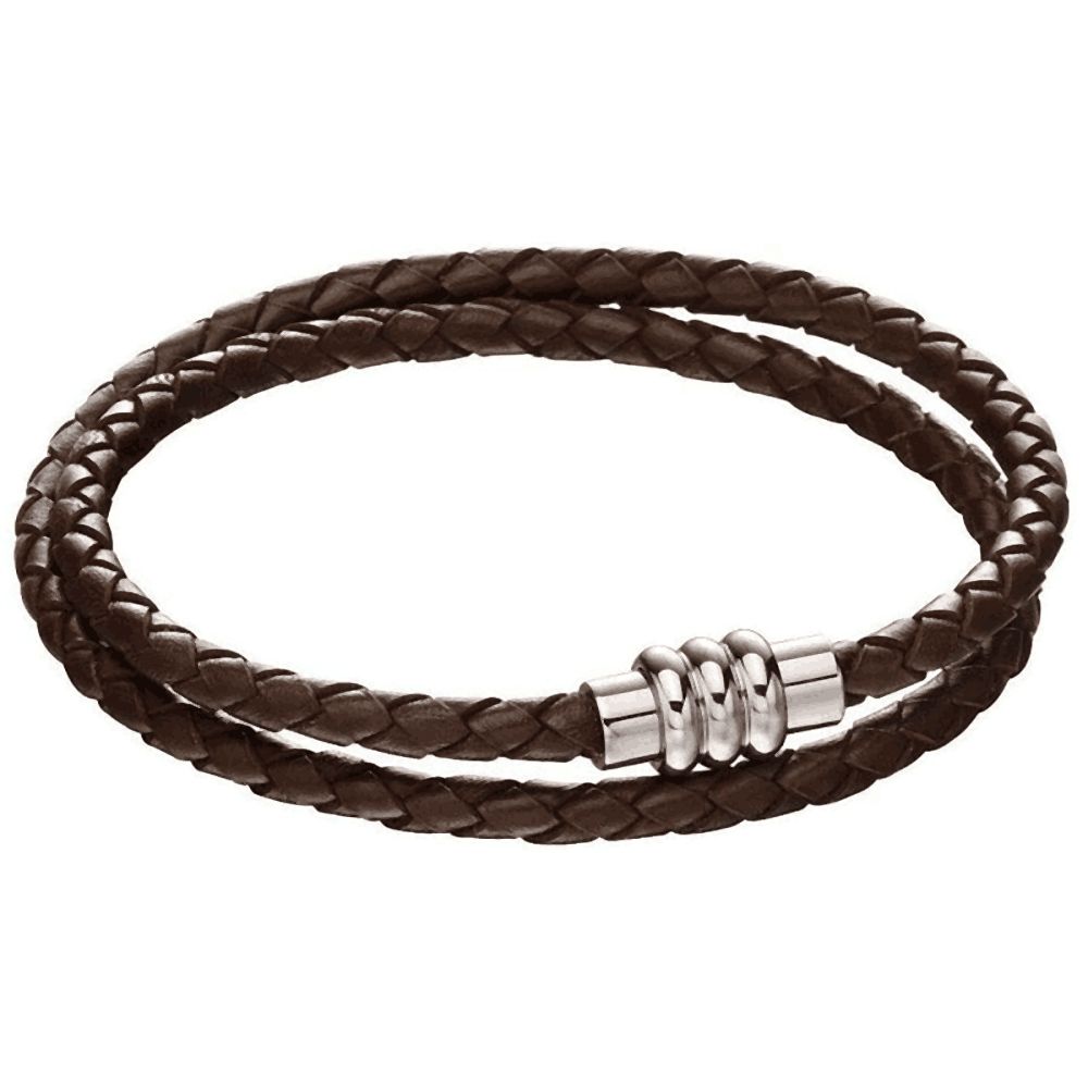Fred Bennett Double Brown Leather Bracelet With Steel Clasp