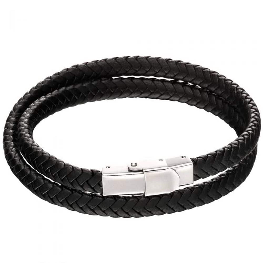 Fred Bennett Double Black Plait Leather Bracelet With Steel Cla