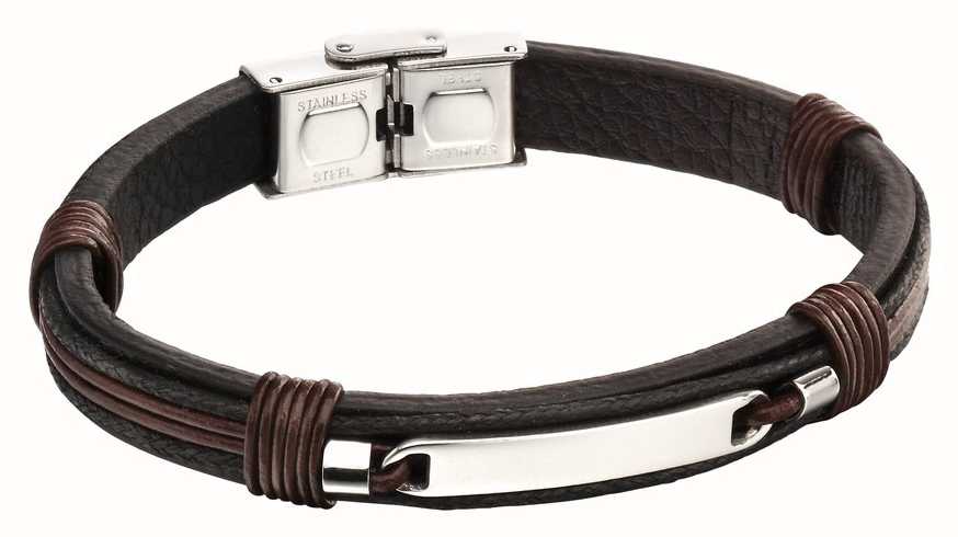 Fred Bennett Steel Id Plate On Brown Leather Bracelet