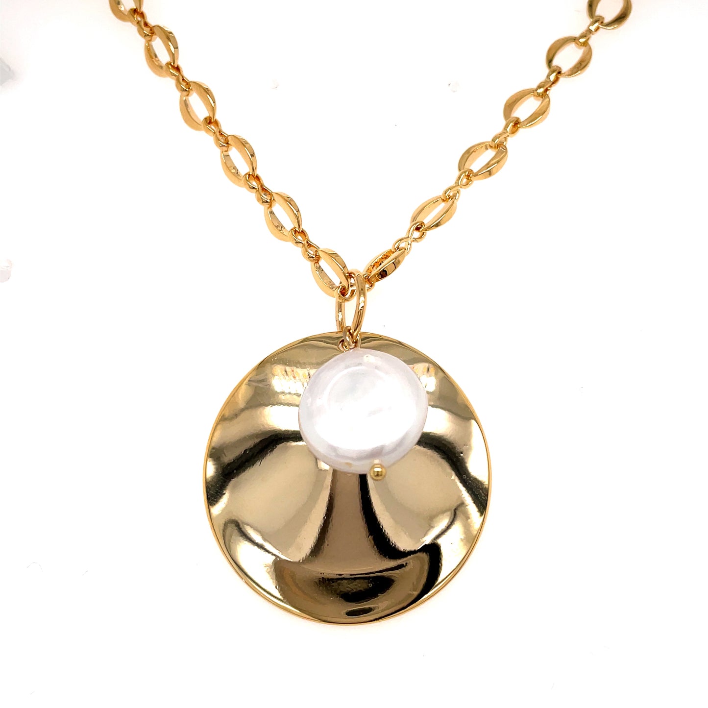 Luxenter Gold Plated Pearl Large Disc Necklet