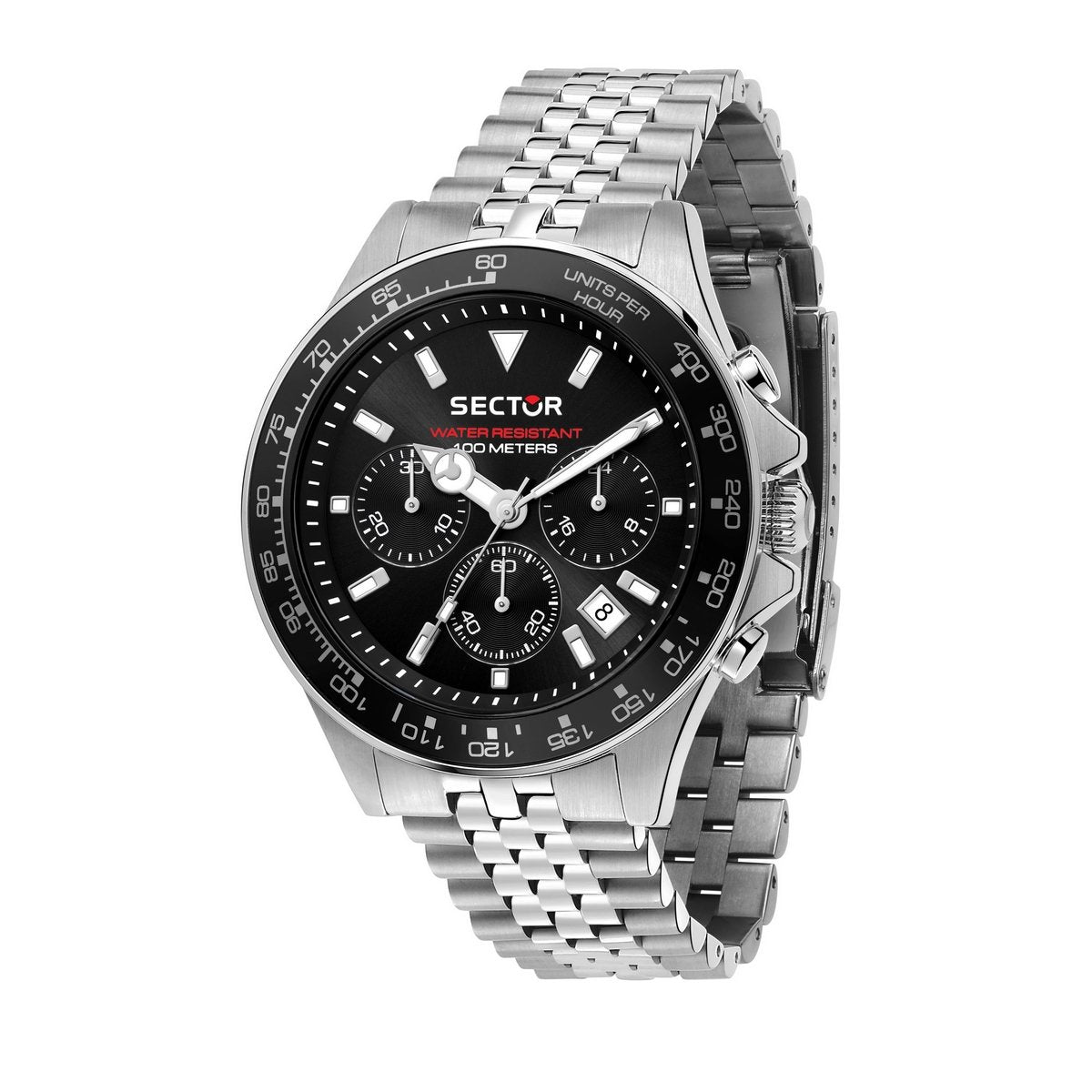 Gents Sector Stainless Steel Round Black Chronogragh