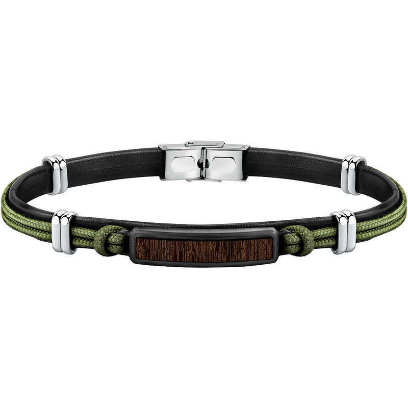 Sector Black Leather Khaki Wooden Id Bracelet