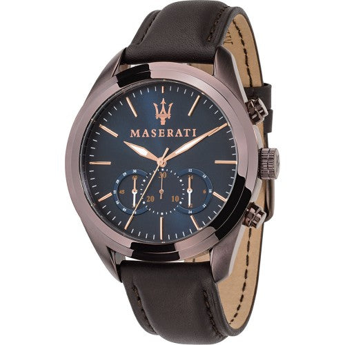 Gents Maserati Navy Chronograph Watch With Brown Leather