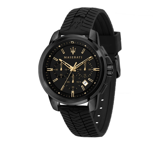 Gents Maserati Black Steel Chronograph Black Rubber Strap