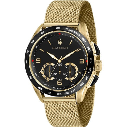 Gents Rolled Gold Maserati Black Chronograph Mesh Watch